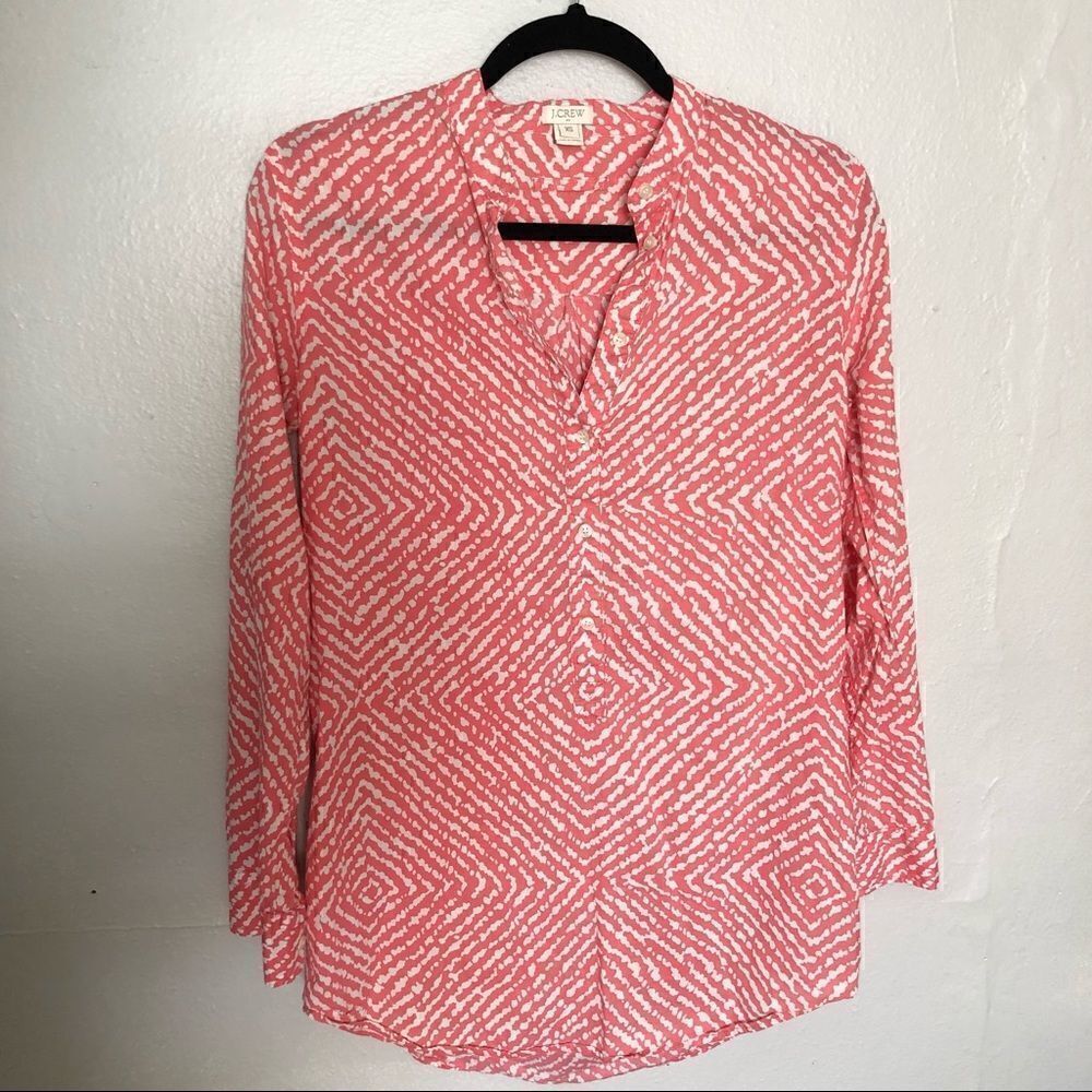 J Crew pink and white geometric print button down tunic shirt lightweight cotton